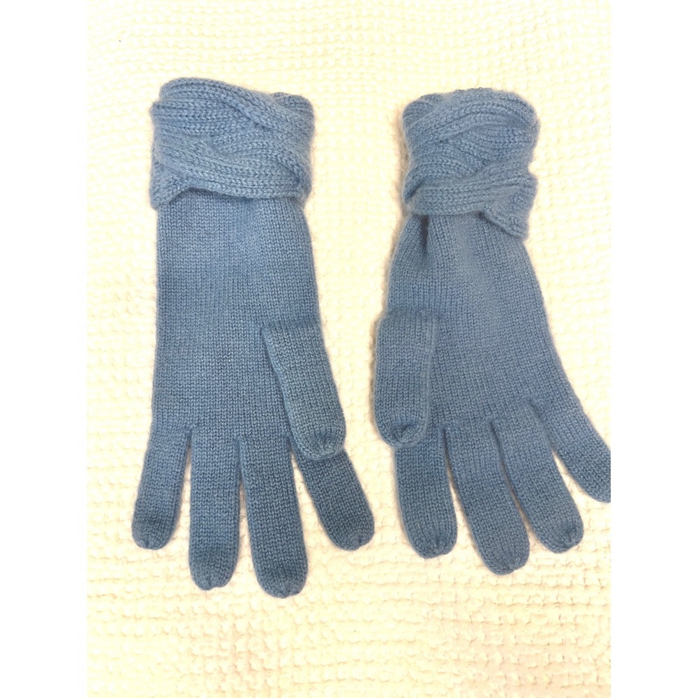 Nordstrom Womens 100% Cashmere Knit Gloves Blue Cable Twist Cuff Winter Warm